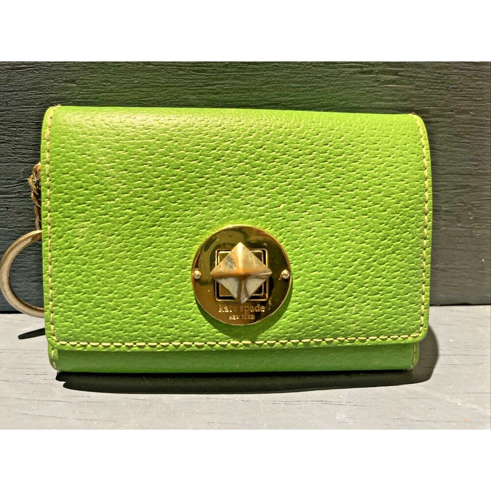 KATE SPADE Wallet Clutch Purse Keychain Turnlock Card ID Key Case Green Leather